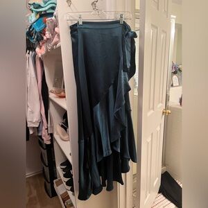 Asymmetrical Satin Ruffle Wrap Skirt in Dark Teal